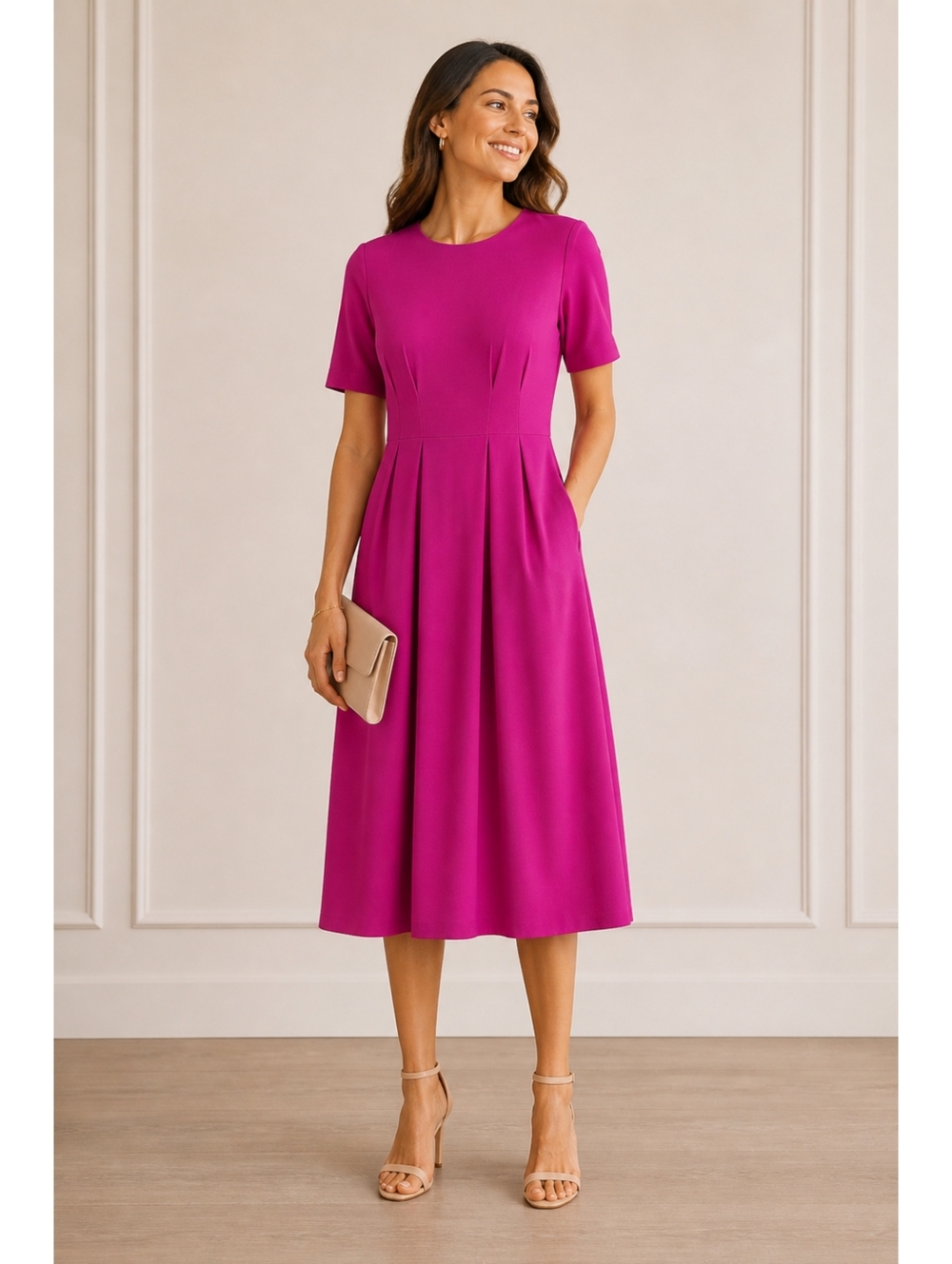 Boden Fuchsia Pleated Midi Dress Fit & Flare Short Sleeve Tailored Size 14